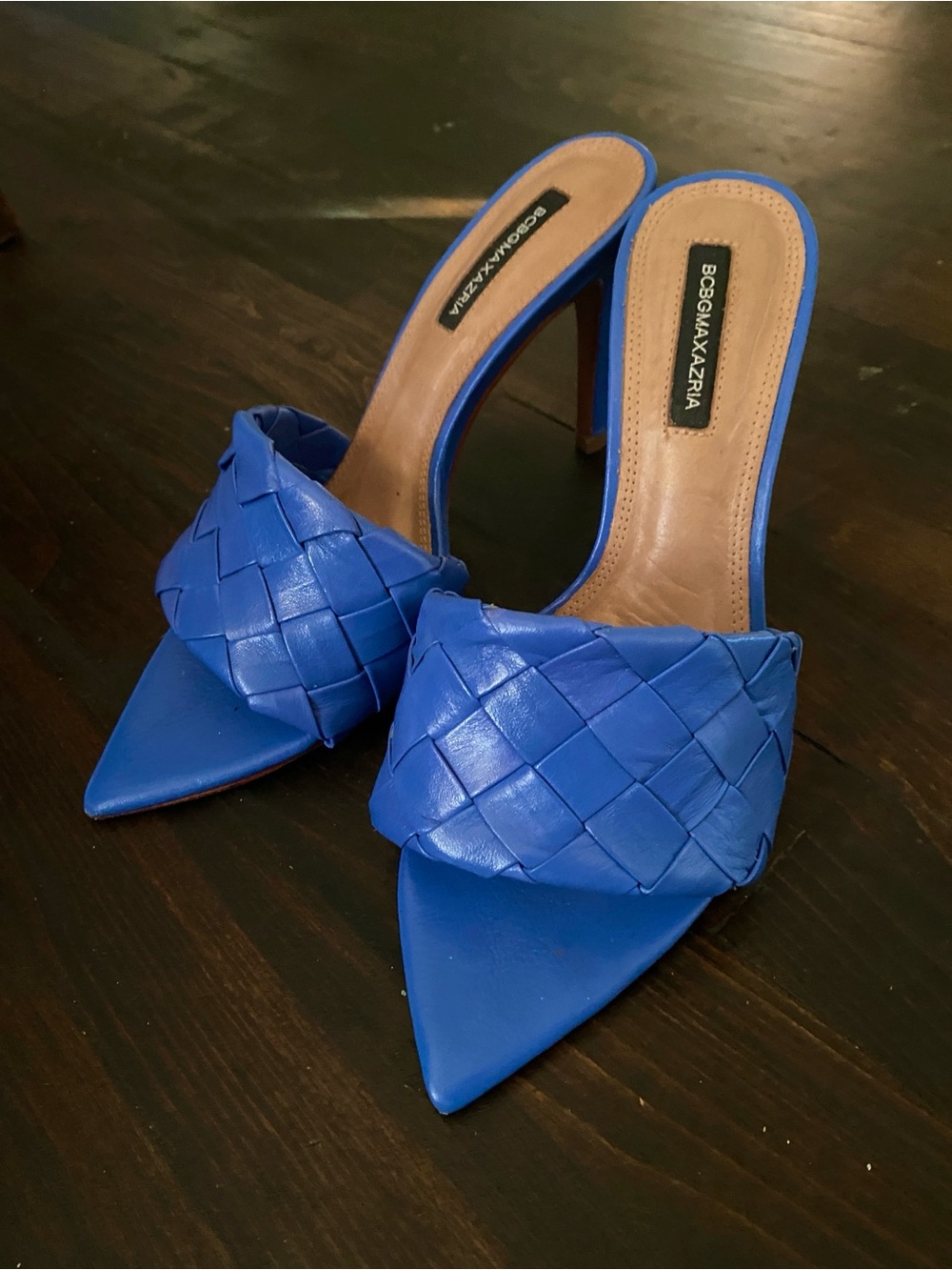 BCBGMaxAzria Royal Blue Woven Leather Pointed Toe Mule Heels